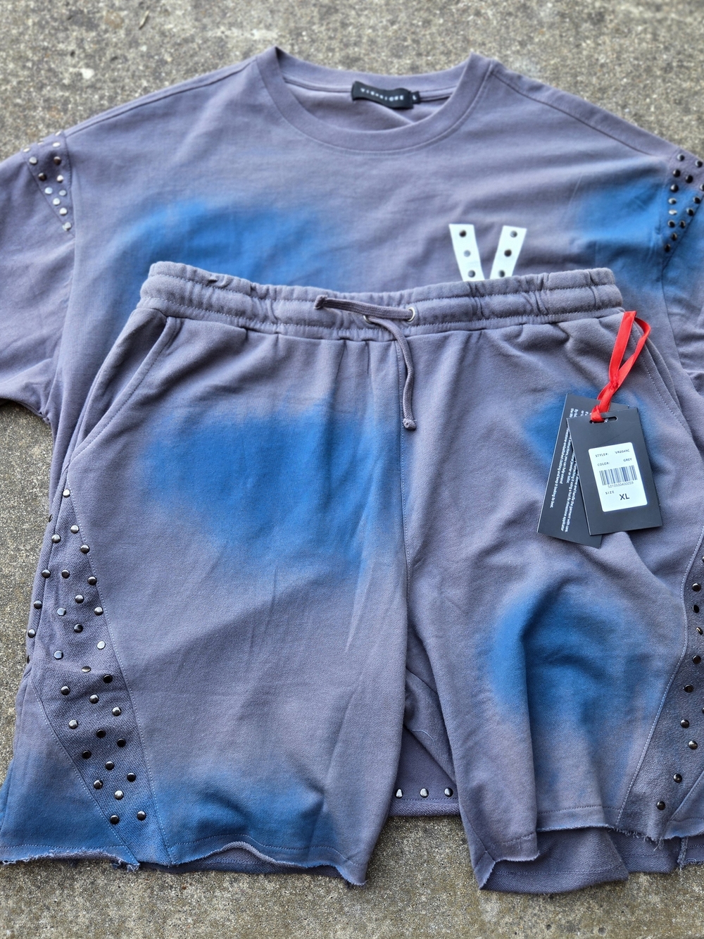 Men's Gray Tie-Dye Athletic Shorts with Blue Accents